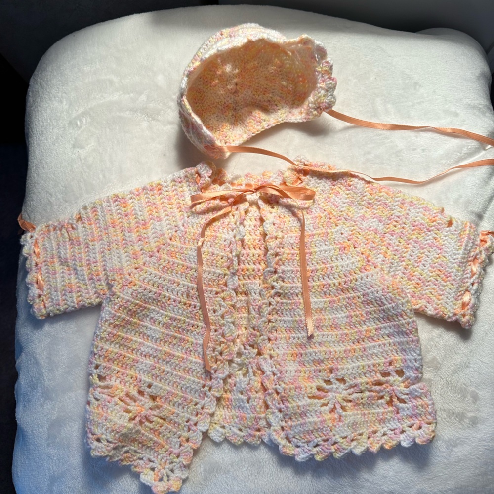 One-of-a-kind, hand-knit, baby girl sweater set